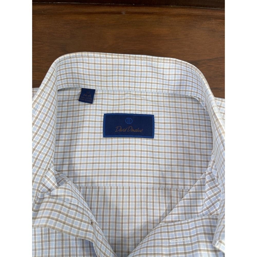 David‎ Donahue Dress Shirt 17 34/35 100% Cotton Small Checker Neutral Business